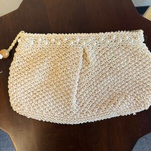 Vintage Woven Cream Woven Corded & Bead Clutch Purse Made in Japan